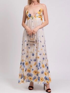 Raquel Diniz blue and yellow blossom 100% silk maxi dress - Barbara cape long